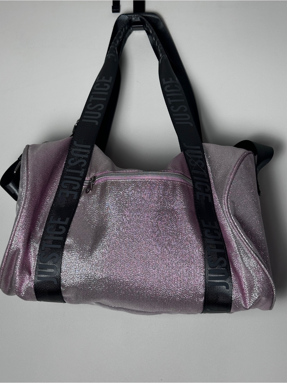 Justice Girls Pink Silver Metallic Duffle Bag Gym Dance Overnight Shoulder Bag